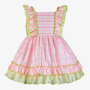 Vestido infantil verde con rayas coral