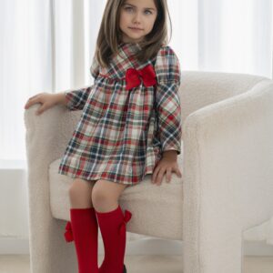 Vestido infantil cuadros corte alto con lazada roja